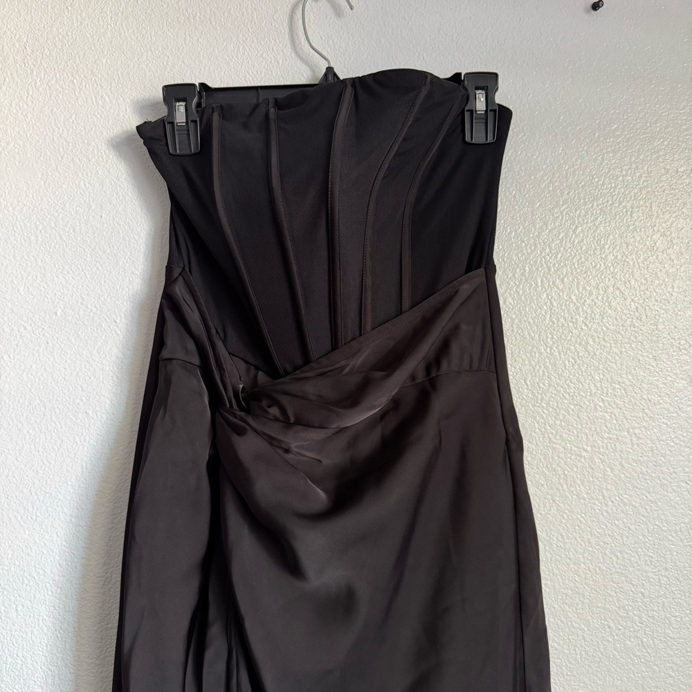 Hello Molly Black Strapless Satin Maxi with Twist Knot & High Slit - Picture 8 of 9
